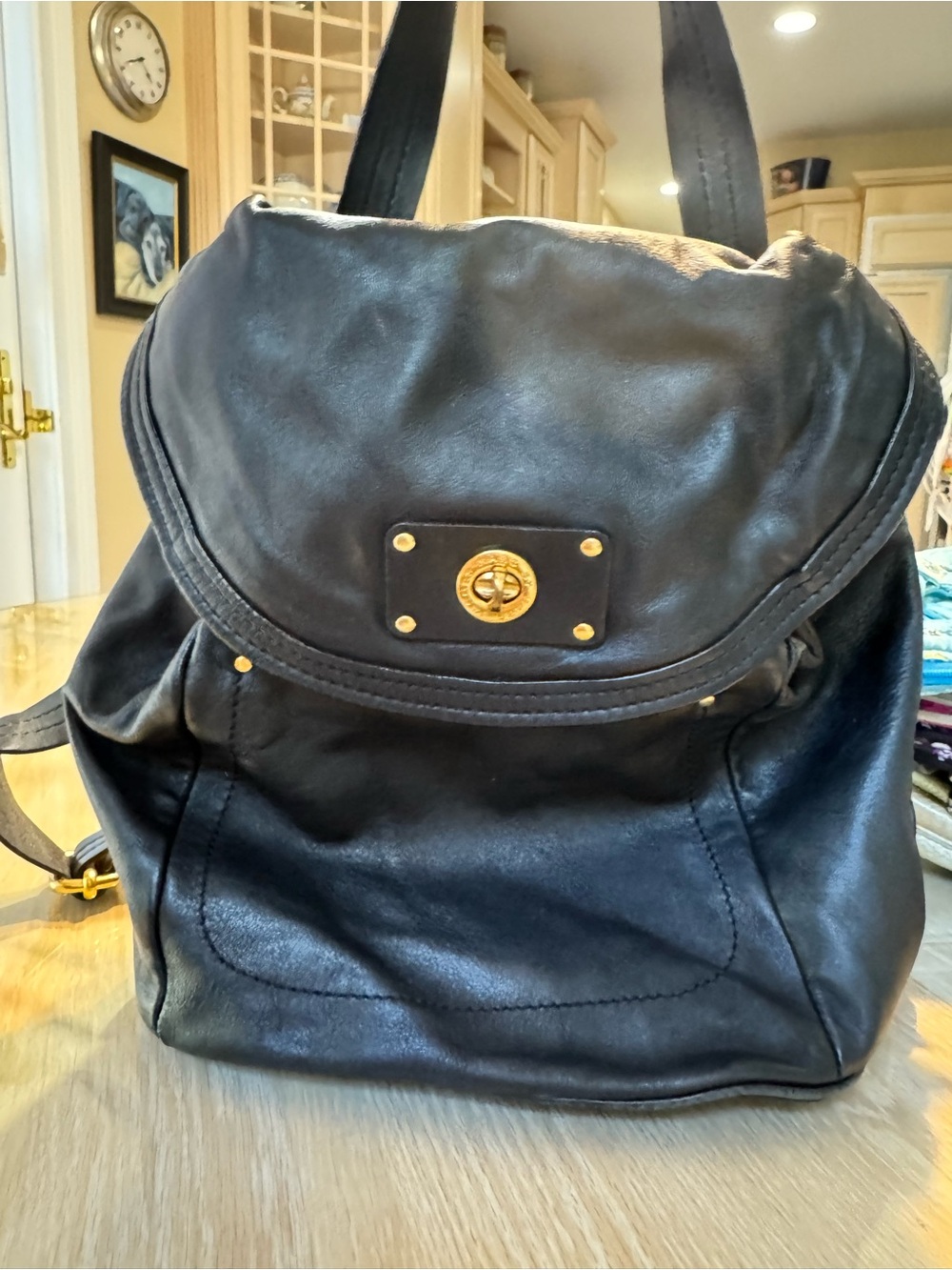 Marc By Marc Jacobs Black Leather Backpack with Gold-Tone Turn Lock